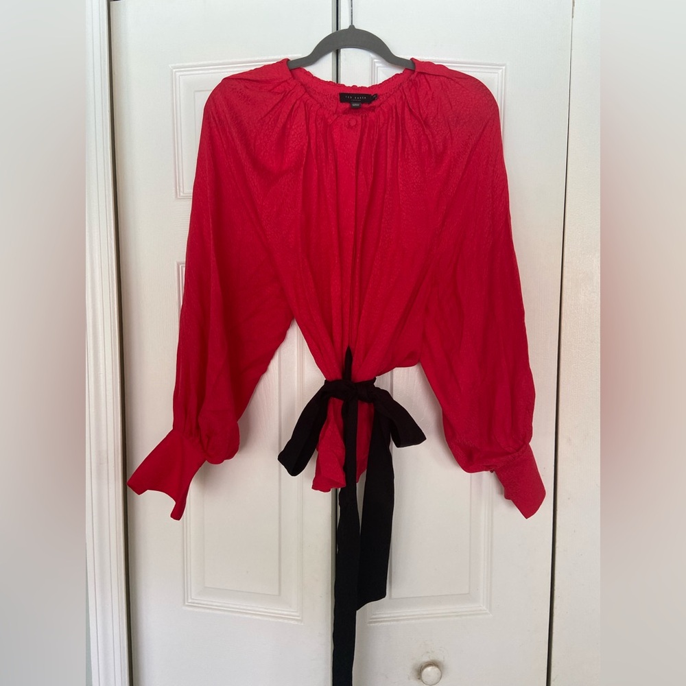 Ted Baker Red Blouson Tie-Waist Top with Black Sash